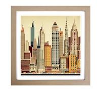 City of New York Mid-Century Framed Print | 18x18 Inch Oak Framed Wall Art | Ready to Hang | Mid-Century Modern Cityscape Picture | Living Room Bedroom Lounge Office