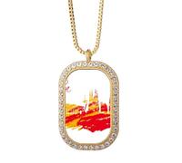 City Outline Red Yellow Barcelona Necklace Pendant Diamond Crystal Golden Jewelry
