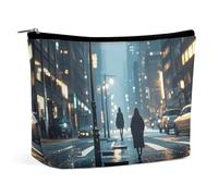 City Rainy Night Makeup Bag, Portable PU Leather Cosmetic Bag with Zipper Pouch, Waterproof Travel Toiletry Bag for Women Men