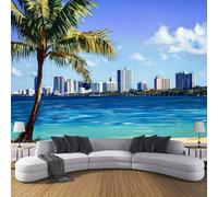City Scenery Silk Wallpaper Murals, Blue Bedroom Wallpaper, Palm Trees Sea Water Wall Paper for Living Room, Not Self Adhesive Wall Paper, Large Mural & Room Decor 350×256cm