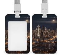 City Seattle Badge Holder Vertical Name Tag Holder Waterproof ID Protector Cover with Durable Detachable Lanyard for Office Factory Teachers