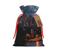 City Seattle Christmas Gift Bags with Tags & Ribbon Ties, Xmas Drawstring Candy Treat Bag Christmas Gifts Sacks Reusable Gift Wrapping Bags for Holiday Party Favors Small