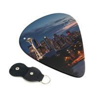 City Seattle Guitar Picks 6 Pcs, 0.71mm Thickness Celluloid Plectrum with Leather Picks Holder, Personalized Guitar Pick for Bass Electric Acoustic Guitars Lovers Gift
