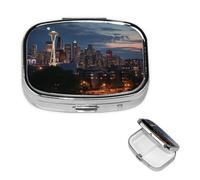City Seattle Pill Box 2 Compartment Square Portable Pill Case for Pocket or Purse Small Weekly Medicine Planner Travel Pillbox with Mirror Decorative Metal Vitamin Holder Gifts
