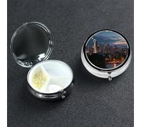 City Seattle Pill Box 3 Compartment Round Portable Pill Case for Pocket or Purse Small Weekly Medicine Planner Travel Pillbox with Mirror Decorative Metal Vitamin Holder Gifts