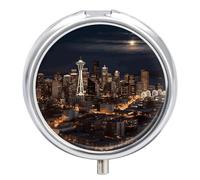 City Seattle Pill Box 3 Compartment Small Pill Case for Purse Or Pocket Mini Metal Pillcase Medicine Organizer, Round Daily Medicine Container to Hold Vitamins, Fish Oil