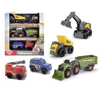 Dickie Toys - Set of 5 micro toy cars (each approx. 8 cm) - 5 cars (police, fire brigade, excavator, tractor with trailer and dump truck) with freewheel and moving parts for children from 3 years