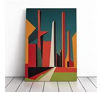 City Skyline Art Deco No.3 Green, Red, Brown | Canvas Wall Art Print | Framed & Ready to Hang Picture | Modern Home Decor for Living Room, Bedroom, Kitchen or Office | 24x16 Inches