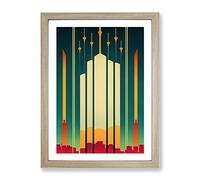 City Skyline In Art Deco No.3 Framed Print | A3 Oak Framed Wall Art | Ready to Hang | Art Deco Cityscape Picture | Living Room Bedroom Lounge Office