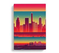 City Skyline Layers Red, Red, Teal Canvas Print for Living Room Bedroom Home Office Décor, Wall Art Picture Ready to Hang, 30x20 Inch (76x50 cm)