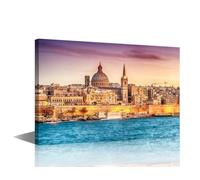 City Skyline Modern Wall Art Valletta Cityscape at Sunset Picture Europe Contemporary Artwork Urban Building Print On Canvas Bedroom Wall Art Pictures for Living Room Framed Ready to Hang, 36x24in