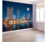 City Skyline Wallpaper, Lake Architecture Murals 400 X 280 Cm Premium Non-Woven Wallpaper for Adults Kids Bedroom Living Room Lounge Tv Backdrop On Trend Print Murals Dark Blue