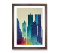 City Skyline Watercolour No.7 Abstract Framed Print | A2 Walnut Framed Wall Art | Ready to Hang | Abstract Cityscape Picture | Living Room Bedroom Lounge Office