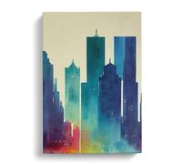 City Skyline Watercolour No.7 Abstract Gold, Blue, Teal Canvas Print for Living Room Bedroom Home Office Décor, Wall Art Picture Ready to Hang, 30x20 Inch (76x50 cm)