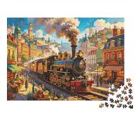 City Steam Train Puzzle for Adults 1000 Piece Recycled Colorful Town Puzzles for Elderly Impossible Hard Difficult Challenging Great Gift Idea for Women 70x50cm/1000pcs
