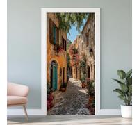 City Street Architecture 3D Door Stickers Self Adhesive, European Ancient Town Wallpaper Peel and Stick, Flowers Alley Door Murals, PVC Waterproof Door Decal for Bedroom Living Room 77x200 cm L4j61