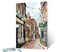 City Street Corner Paint by Numbers Kits with Brushes Romantic Cityscape Acrylic Oil Painting for Adults Tropical Flowers Pictures Arts Craft Boho Paintwork Home Office Decor Gift(Frameless)