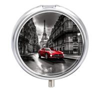City Street Red Car Metal Pill Organizer, 3 Compartment Waterproof Pill Case with Mirror for Purse Pocket Bag, Daily Medicine Vitamin Holder, Portable Travel Med Container(Round)