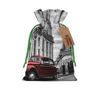 (City Street Red Retro Car) Printed Christmas S Size Gift Bags with Green Ribbon Drawstring Candy Bags for Kids Xmas Holiday Christmas Eve Presents