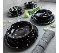 City to Cottage® Black and White Handmade Hand Painted Ceramic 12 Piece Tableware Set | Polka Dot Spotty Dinnerware Service for 4 | Dinner Plates | Side Plates | Bowls Crockery Set