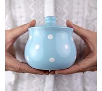 City to Cottage Ceramic Sugar Bowl with Lid, 10oz Contanier for Coffee Bar, Dispenser Bowl, Salt - Condiment Pot for Kitchen Counter, Handcrafted Sky Baby Blue Polka Dot Sugar Jar