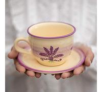 City to Cottage® Lavender Pattern Purple and Cream | Designer Handmade Hand Painted | Large Unique Ceramic 12oz/350ml | Cappuccino Coffee Tea Cup with Saucer | Gift