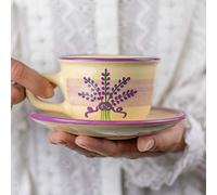 City to Cottage® Lavender Pattern Purple and Cream | Designer Handmade Hand Painted | Unique Ceramic 8.4oz/250ml | Cappuccino Coffee Tea Cup with Saucer | Gift