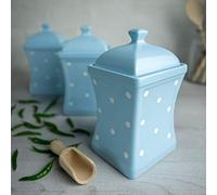 City to Cottage® Light Sky Blue and White | Polka Dot | Handmade | Large 31.5oz/900ml Ceramic Kitchen Storage Jar Set of 3 | Food Containers | Canisters