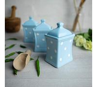 City to Cottage® Light Sky Blue and White | Polka Dot | Handmade | Small 5.3oz/150ml Ceramic Kitchen | Herb Spice | Storage Jar Set of 3 | Containers | Canisters