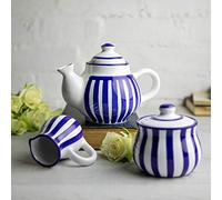City to Cottage® Navy Blue Stripe Handmade Ceramic Teapot, Milk Jug, Sugar Bowl Set