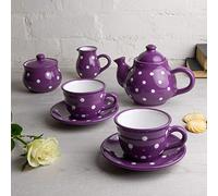 City to Cottage® Purple and White Polka Dot Handmade Ceramic Teapot, Milk Jug, Sugar Bowl with 2 Cups and Saucers Tea Set
