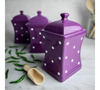 City to Cottage® Purple and White | Polka Dot | Handmade | Large 31.5oz/900ml Ceramic Kitchen Storage Jar Set of 3 | Food Containers | Canisters
