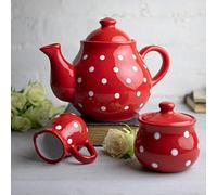 City to Cottage Red and White Polka Dot Ceramic Teapot Set, 6.0 cups, 1700 ml, Includes Milk Jug and Sugar Bowl, Handmade and Hand-painted, Microwave and Dishwasher Safe