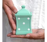 City to Cottage Small Ceramic Spice Jar with Lid, Square Seasoning Container for Home Kitchen, Condiment Pot, Seasoning Jar, Spice Canister, Herb Storage Jar, Handcrafted Turquoise Blue Polka Dot