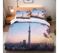 City Tower Quilt Cover 3 Piece City Modern Bedding Sets Double Size 3D Print Duvet Cover Set 200x200 cm 2 Pillowcases 50x75 Comforter Microfiber with Zipper Fixable Corner Straps Bedding Set