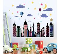 City Wall Stickers for Boys Room: Peel and Stick Colorful Hero Skyline Building Stars Hot Air Balloon Cityscape Wall Decals - Kids Supplies Ages 1-12 Year Wall Decor Art