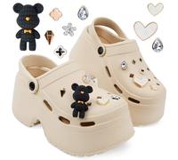 CityComfort Clogs for Women Platform Heeled Clogs Removable Charms Slip On Garden Mule Indoor Outdoor Holiday Essentials (7/8 UK, Beige)