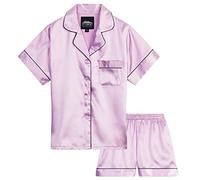 CityComfort Girls Pyjamas for Kids & Teenagers Summer Nightwear Sets Button Down Satin Short PJs Breathable Soft Loungewear Short Sleeved Jammies for Girls (7-8 Years, Lilac)