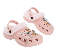 CityComfort Girls Winter Clogs Fleece Lined Removable Shoe Charms, Kids Teens Garden Shoes Slippers Mules Slip On with Strap (13 UK, LT.Pink with Charms)