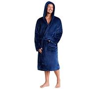 CityComfort Luxury Mens Hooded Dressing Gown Super Soft Fleece Gowns Bathrobe Bath Robe with Shawl Fur Detail or Hood - Perfect Mens Gift (Navy, L)