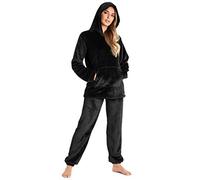 CityComfort Pyjamas Set for Women and Teens Fleece Hooded Long PJs Warm Loungewear Fluffy Nightwear Soft Cosy Sleepwear Gifts for Her (Black, S)