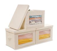 Citylife 3-Pack Storage Bins with Lids, Fabric Foldable Storage Bins with Soft Cord Handles, Canvas Storage Bin with Lid for Organizing Clothes, Blankets and Books, Beige
