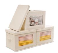 Citylife 3 Packs Foldable Storage Boxes with Lids, Wardrobe Storage Organiser with Transparent Window and Soft Cord Handles, for Clothes, Books and Toys, Extra Large, Beige