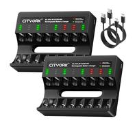 CITYORK 8-Slot Battery Charger for NIMH/NICD Rechargeable AA AAA Battery Micro USB Fast Charge Battery Charger with LED Display (Pack of 2 Charger + Independent Slot)