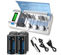 CITYORK Universal LCD Display Battery Charger with Discharge Function For AA, AAA, C, D, 9V Ni-MH Ni-CD Rechargeable Batteries with 4 x Ni-MH D Size 10000mAh Battery and UK Standard Charging Cable