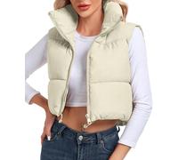 Cityork Women's Cropped Puffer Vest Sleeveless High Stand Collar Crop Outerwear Zip Up Warm Padded Gilet, Light Khaki, XS