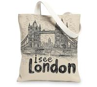 Cityscape Canvas Tote Bags, Artistic Bridge Design Lightweight Reusable Shopping Bags, Chic Urban Style Eco-Friendly Canvas, Beige, 13x15 Inch