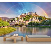 Cityscape Murals Beautiful City River Landscape Wallpaper for Walls Historic Buildings Churches Wallpaper Castle Sky Rainbow Wall Paper for Kids Bedroom Living Room Boys Room Sofa Tv Background