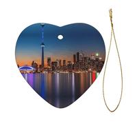Cityscape Night Canada Printed Ceramic Christmas Heart Pendant, Christmas Tree Decoration With Gold Thread Rope