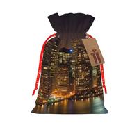 Cityscape Night Canada Printed Christmas Drawstring Bags,M Reusable Xmas Gift Storage Bags, Red Christmas Ribbon